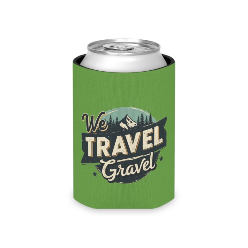 Green can holder with travel theme design