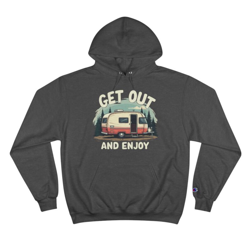 Gray hoodie with camper design, 'Get Out and Enjoy'.