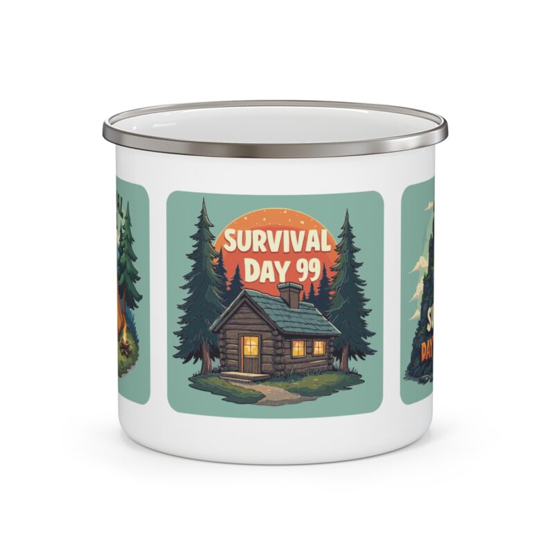 Mug with Survival Day 99 log cabin design