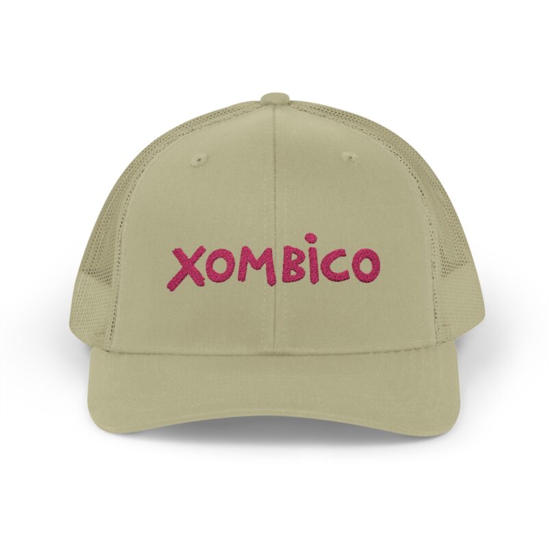 Green cap with Xombico logo in pink.