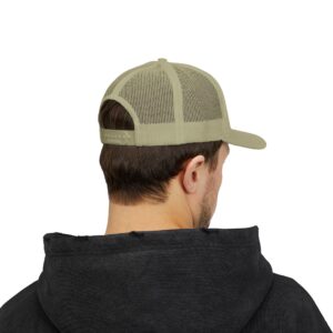 Man wearing beige baseball cap from behind.