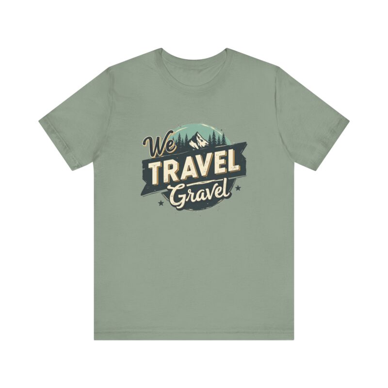 Green t-shirt with 'We Travel Gravel' design.