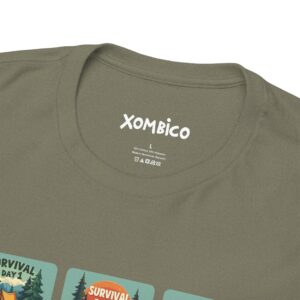 Green T-shirt with camping graphics and label details.