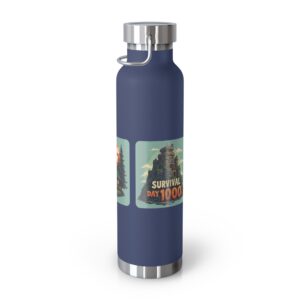 Blue water bottle with survival design artwork.