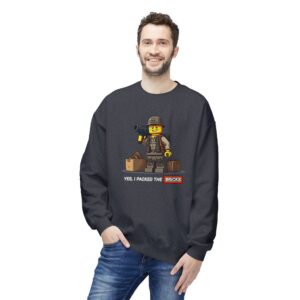Man wearing LEGO-themed sweatshirt with bricks printed.