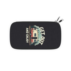 Laptop sleeve with vintage camper design, 'Get Out and Enjoy'