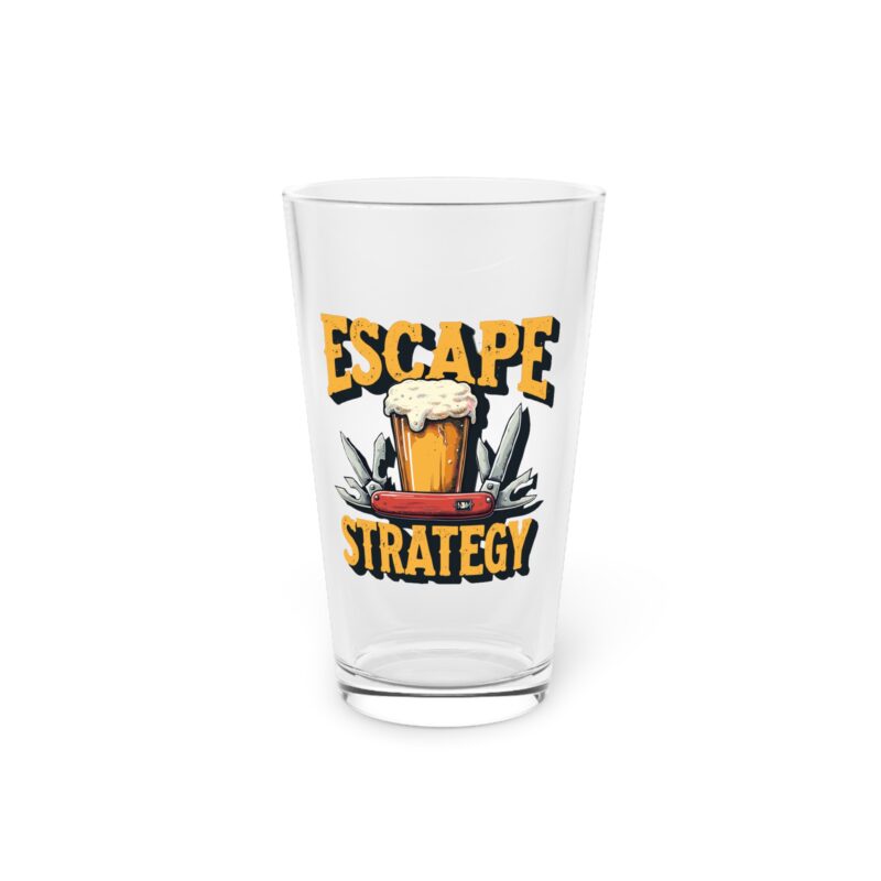Pint glass with 'Escape Strategy' logo.