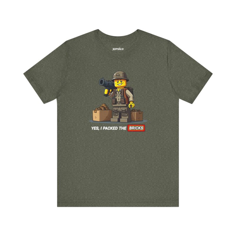 T-shirt with explorer holding bricks illustration.