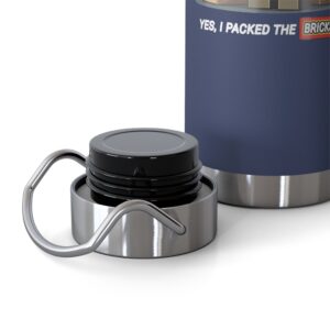 Dark blue travel mug with metal handle lid.