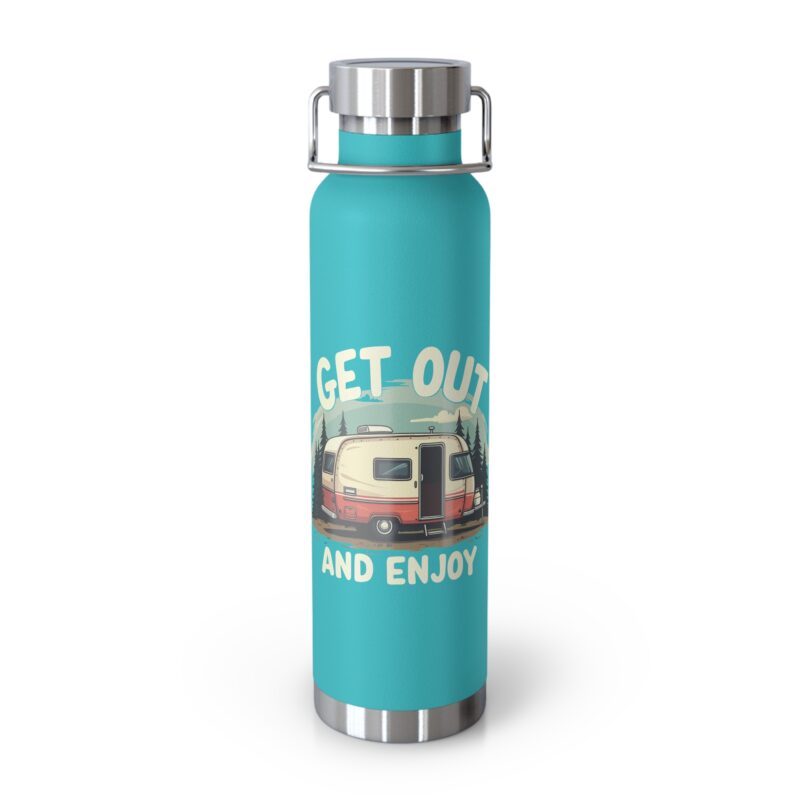 Teal water bottle with camper design.