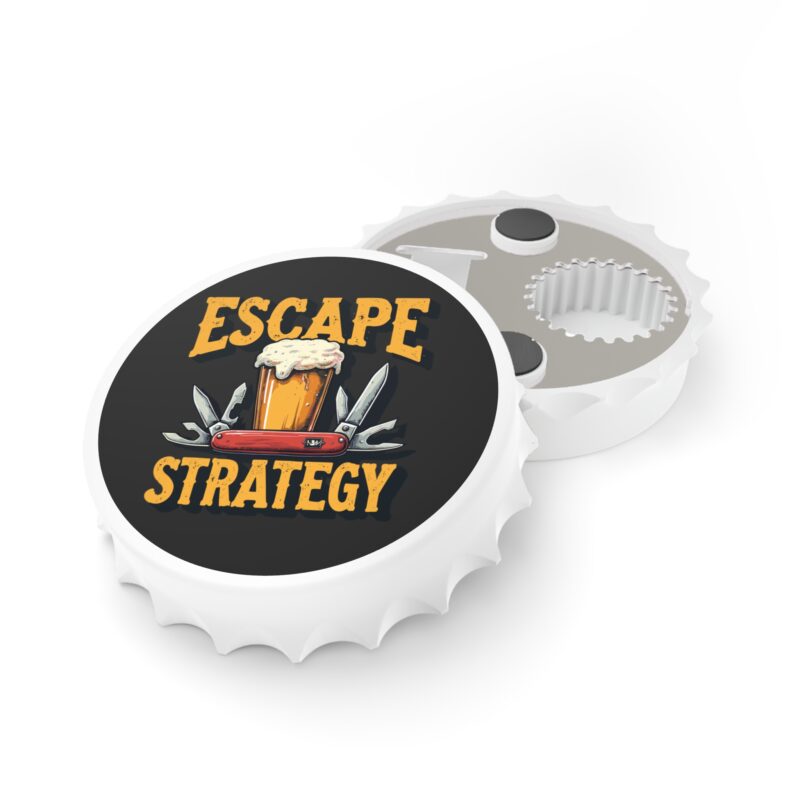 Bottle opener featuring 'Escape Strategy' design.
