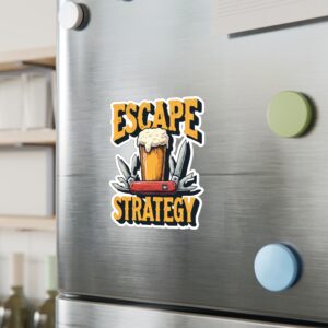 Escape Strategy sticker on a refrigerator door.