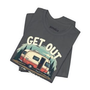 T-shirt with 'Get Out' camper design.