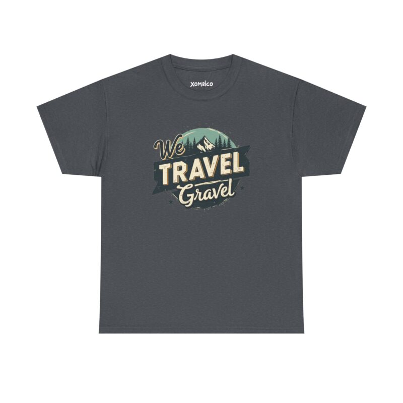 Gray t-shirt with 'We Travel Gravel' design.