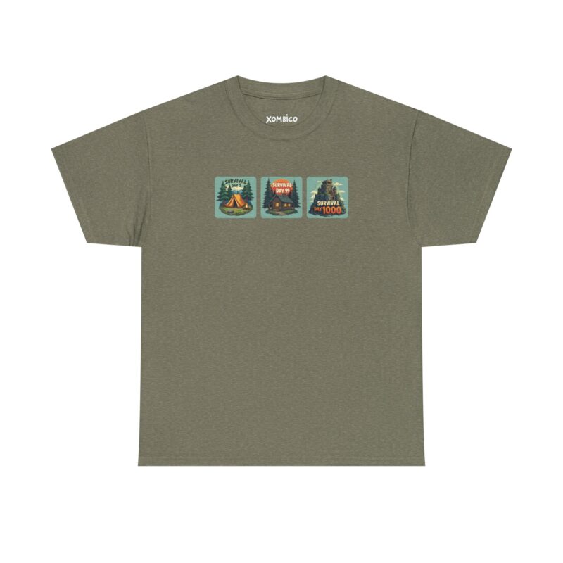 Olive green t-shirt with camping survival graphics.
