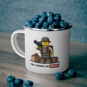 Mug of blueberries with Lego-themed design.
