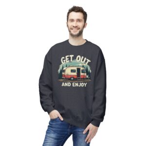 Person wearing sweatshirt with camper design.
