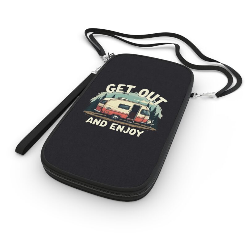 Travel pouch with camper design and motivational text.