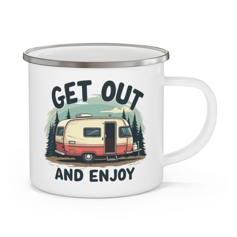 Mug with camper design, text 'Get Out and Enjoy'