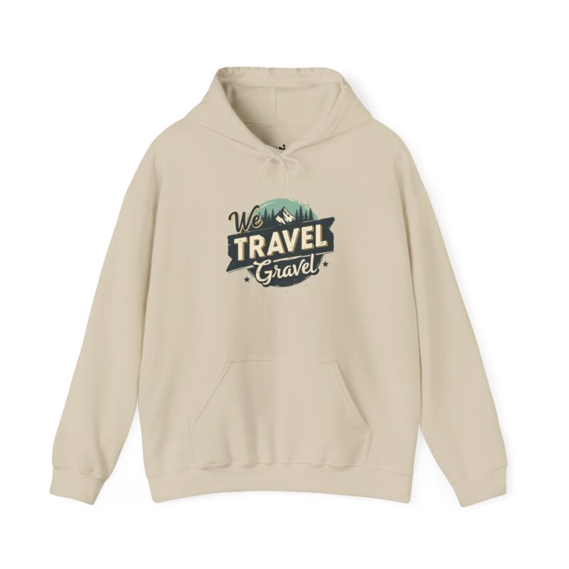 Beige hoodie with 'We Travel Gravel' graphic.