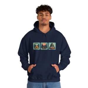 Navy hoodie with survival-themed graphics
