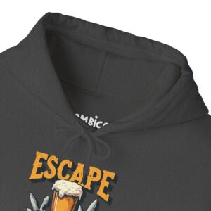 Black hoodie with beer-themed graphic design.
