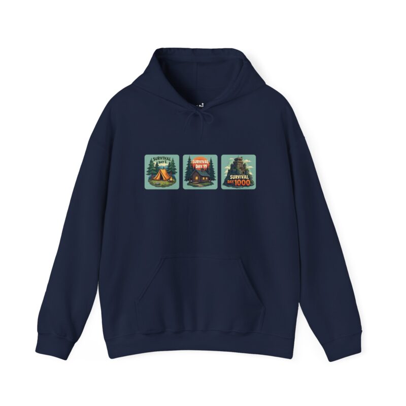 Navy hoodie with survival day graphics.