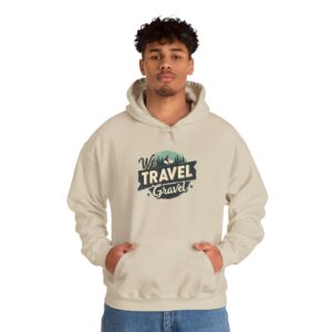 Man wearing hoodie with travel design.