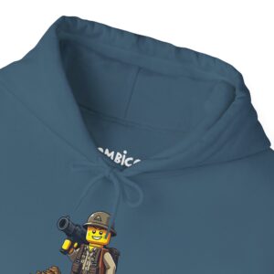 Blue hoodie with LEGO-inspired design