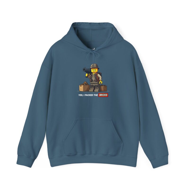 Blue hoodie with LEGO brick design graphic.