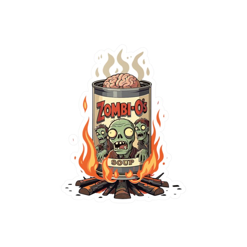 Zombie-themed soup can with brains and fire
