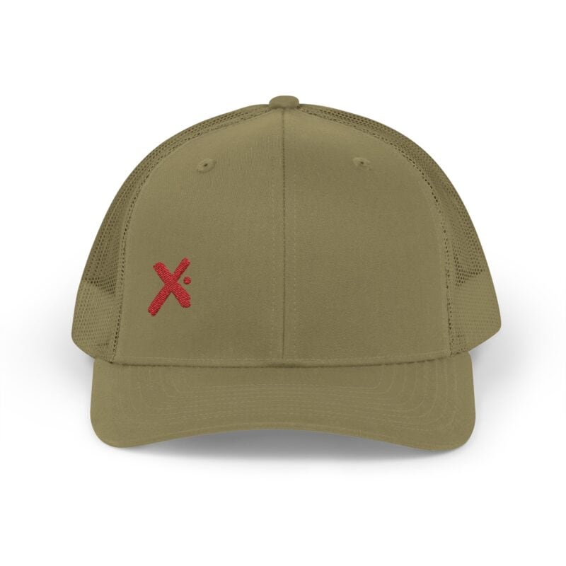 Olive green trucker hat with red embroidered logo.