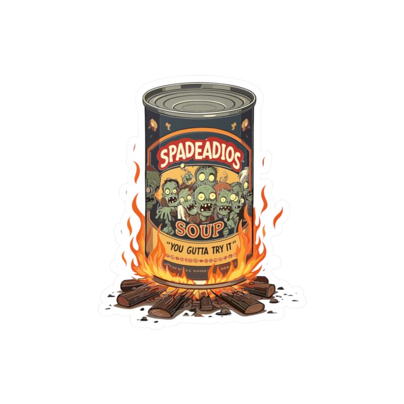 Zombie-themed soup can on fire illustration.
