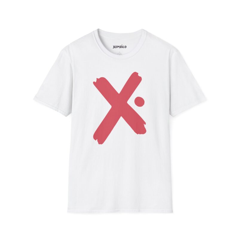 White T-shirt with red X symbol design.