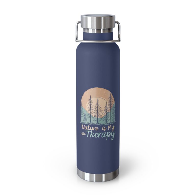 Blue water bottle with nature-themed design.