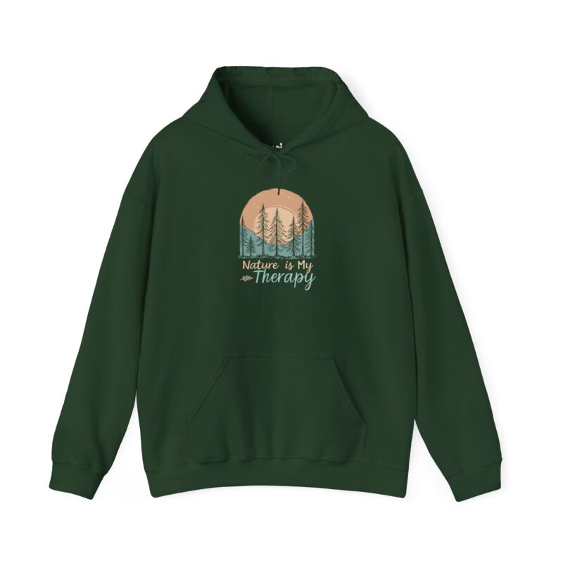Green hoodie with forest design and text.