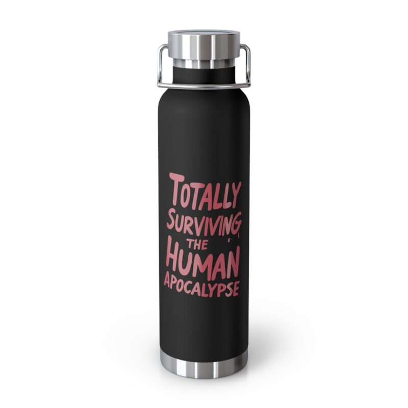 Black water bottle with survival-themed text.