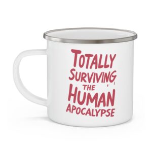 White mug with apocalypse survival text in red.
