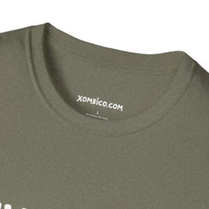 Olive green T-shirt with brand logo inside collar.
